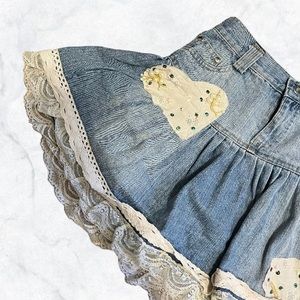 vintage handmade denim beaded lace skirt